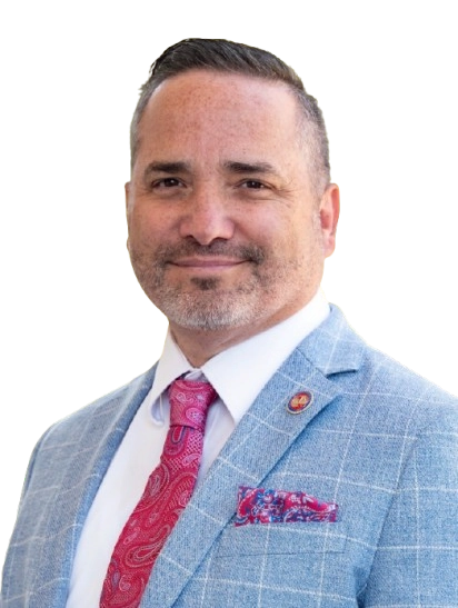 Portrait of James Teeple in a light blue jacket and red paisley tie